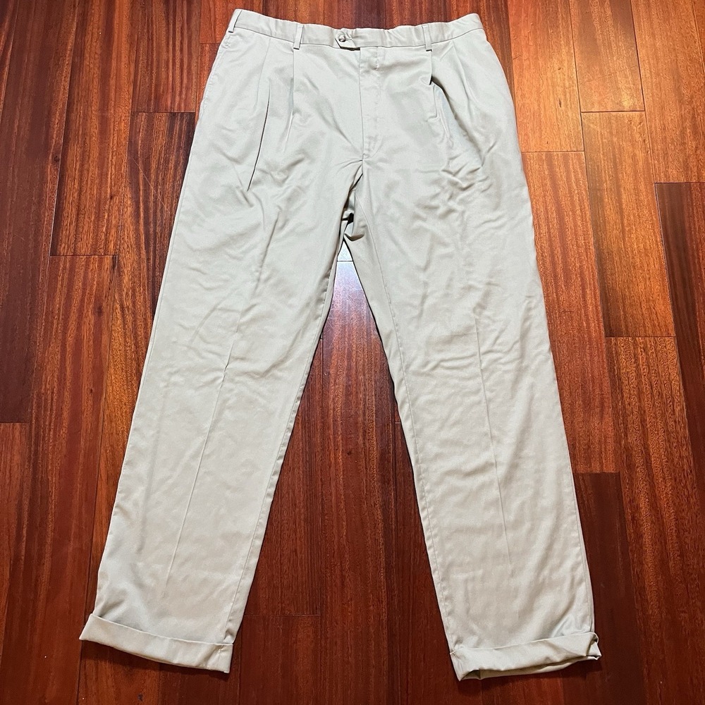 Jos A Bank Pants Men 42L 41x33 Tan 100% Wool Signature Collection Pleated Cuffed